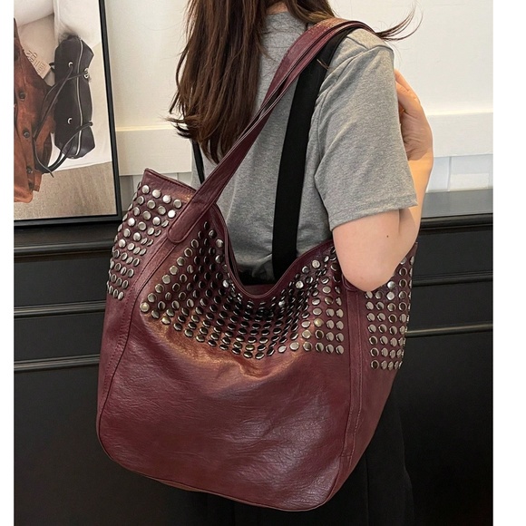 Handbags - Burgundy Vegan Leather Studded Tote Bag